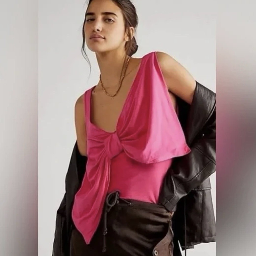Free People Tied Up Drapey Top In Pink Phenom Size Xsmall Gorgeous Bow Accent